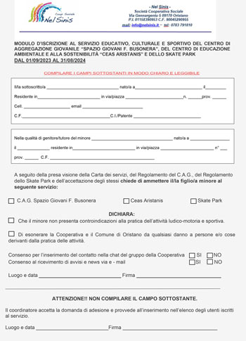 Iscrizione al centro Modulo MINORENNI